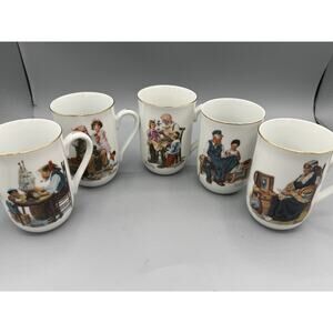 Set 5 Norman Rockwell Museum Coffee Mugs Japan Gold Rim Vintage Cups